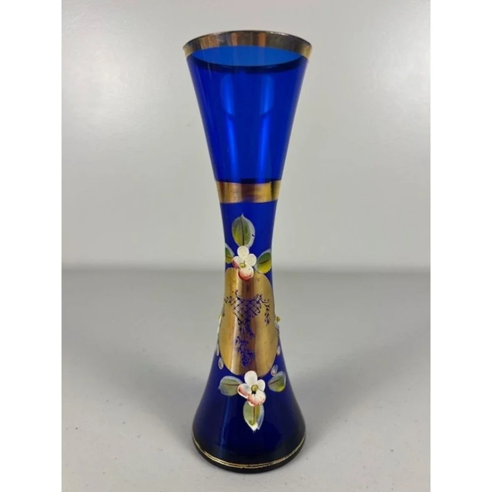 Vintage Cobalt Blue Bohemian Czech Hand Painted Bud Vase  Gold Trimmed ‎ Decor
